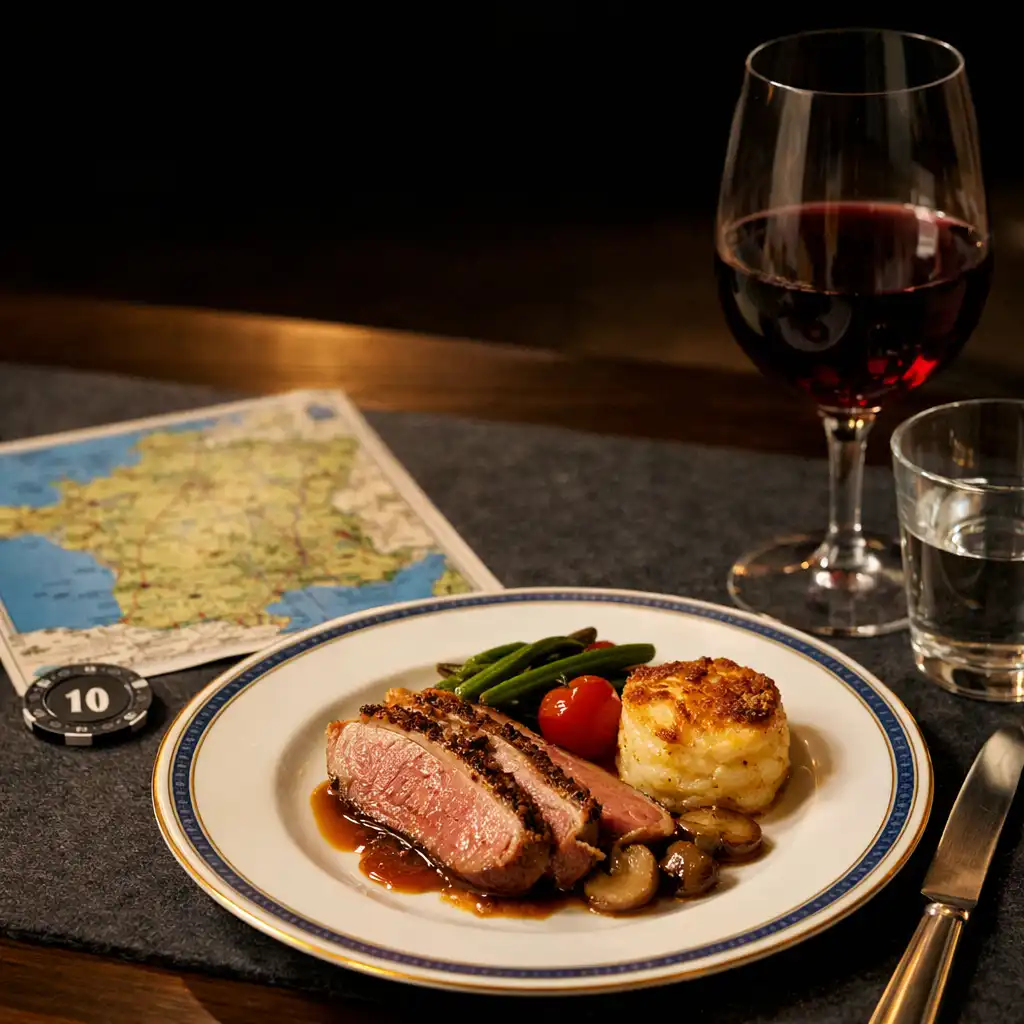 Assiette soignée, verre et carte physique sur une table sombre