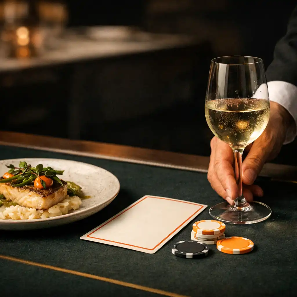 Plat dressé, cartes physiques et geste de service autour d’une table