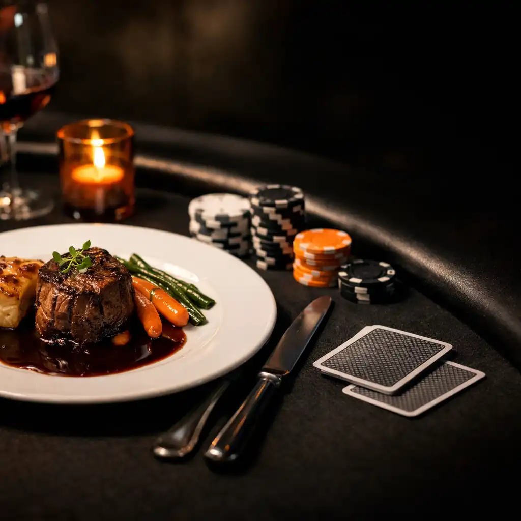 Assiette soignée posée à côté de cartes et d’un tapis de poker
