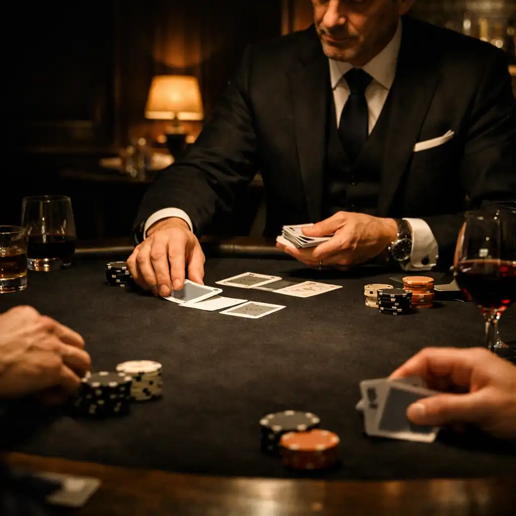 Un hôte distribue des cartes à une table de poker dans le card lounge