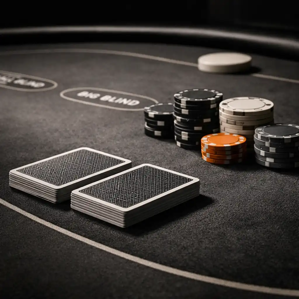 Cartes face cachée et jetons sobres préparés sur une table de poker physique