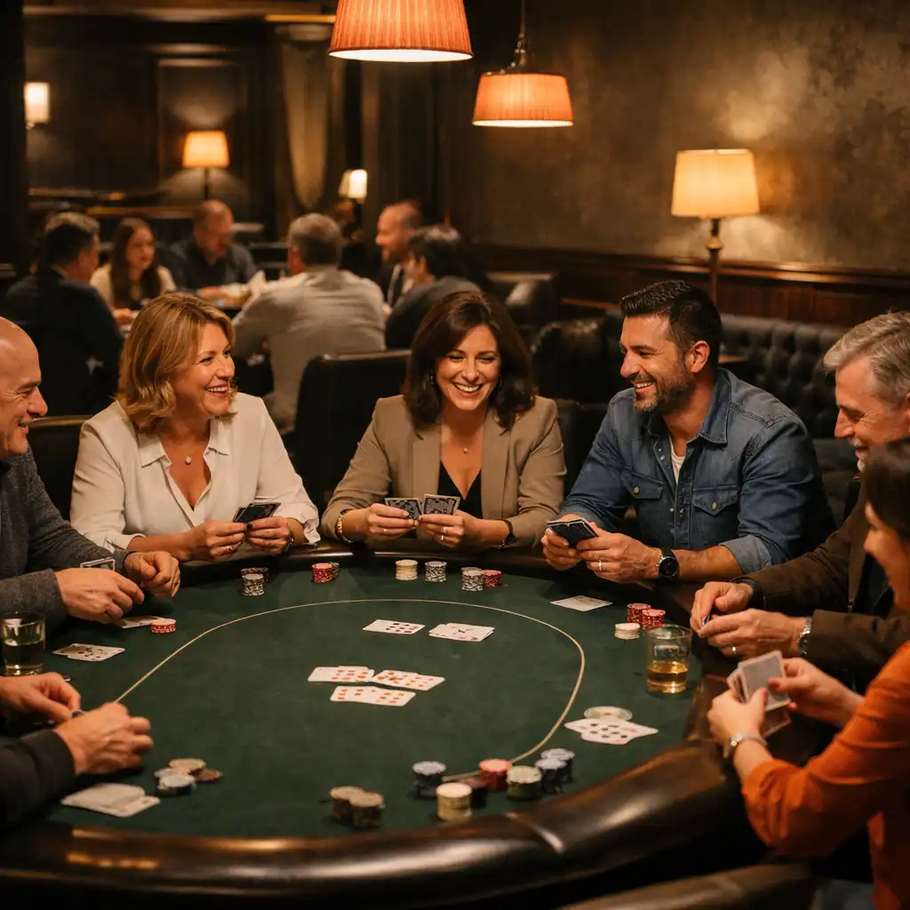 Groupe de convives en discussion autour d’une table de poker dans un card lounge