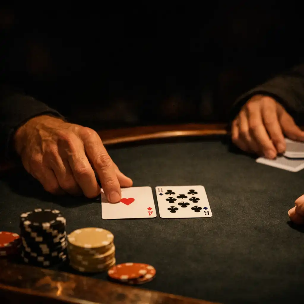 Mains posant des cartes physiques sur une table de poker sombre.