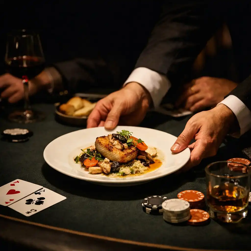 Service d’une assiette près de cartes et d’un tapis de poker sombre