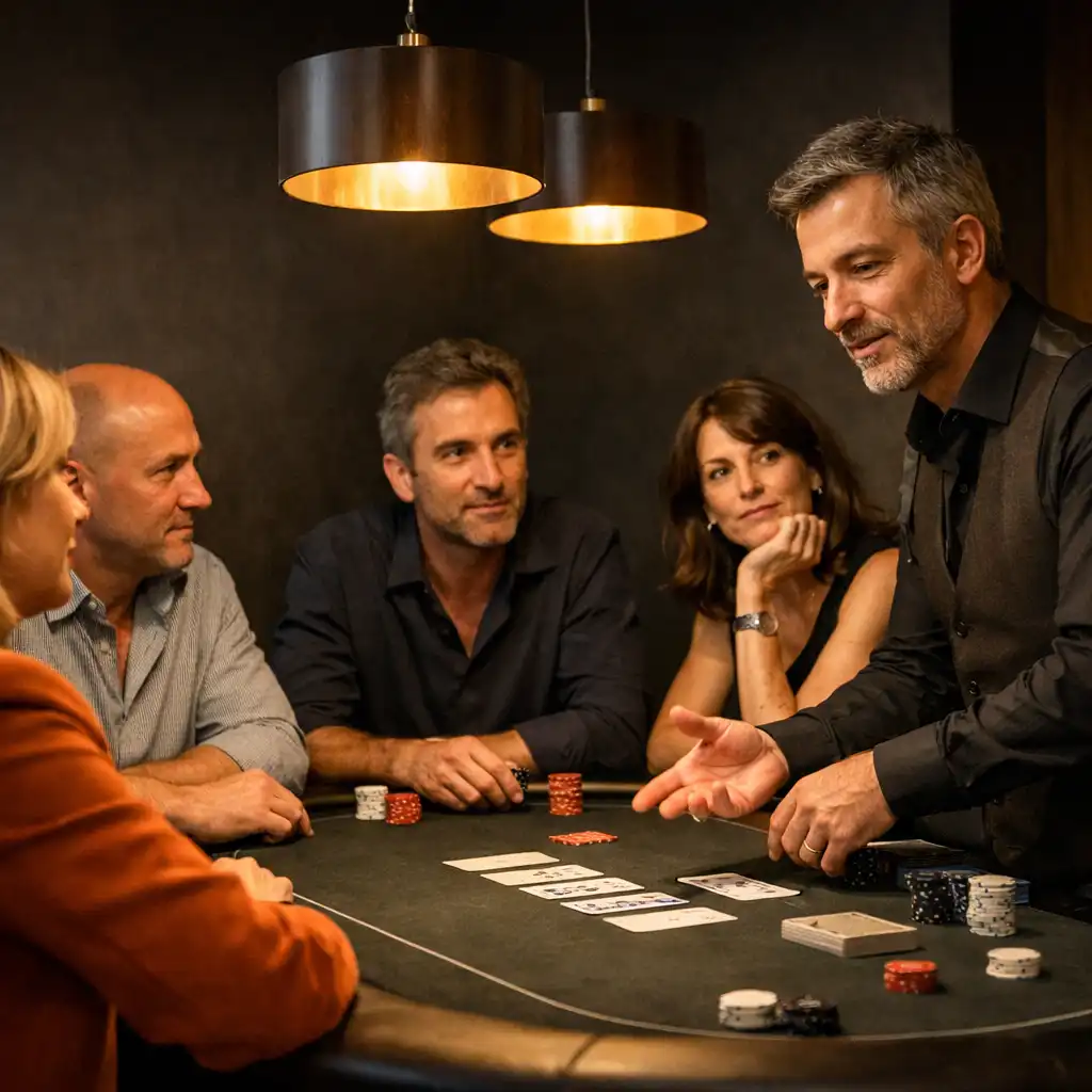 Des convives échangent autour d'une table de poker avec un hôte