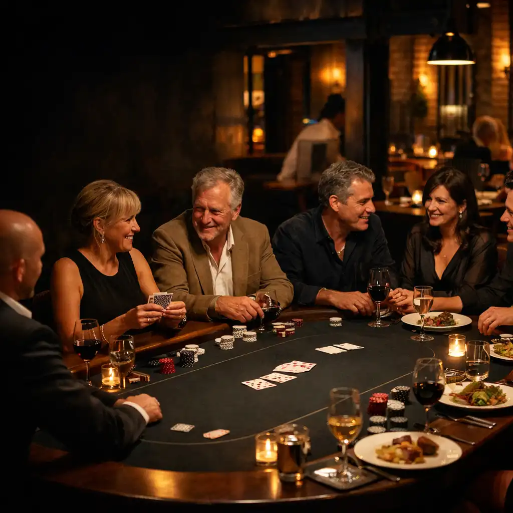 Convives réunis autour d’une table de poker et d’un dîner chez Caro Ovelle