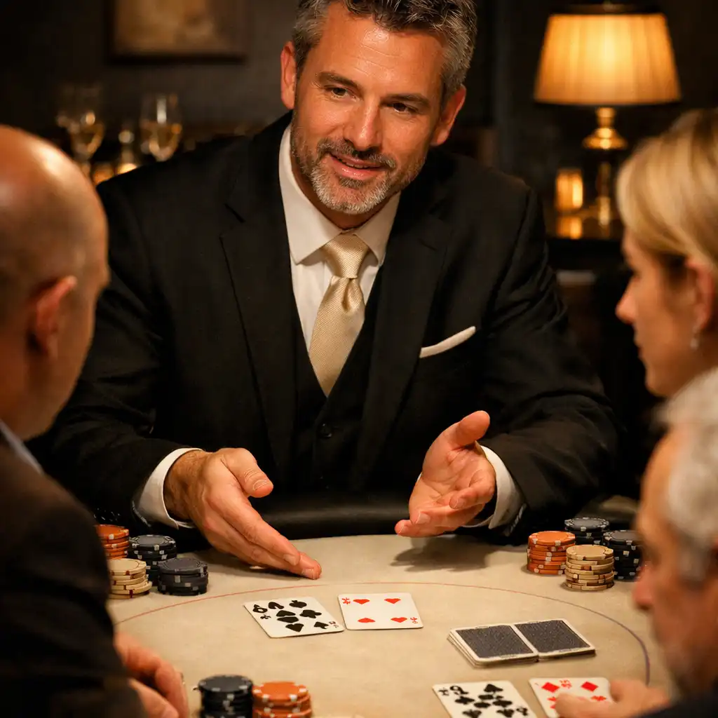 Hôte guidant des convives autour de cartes physiques sur une table de poker