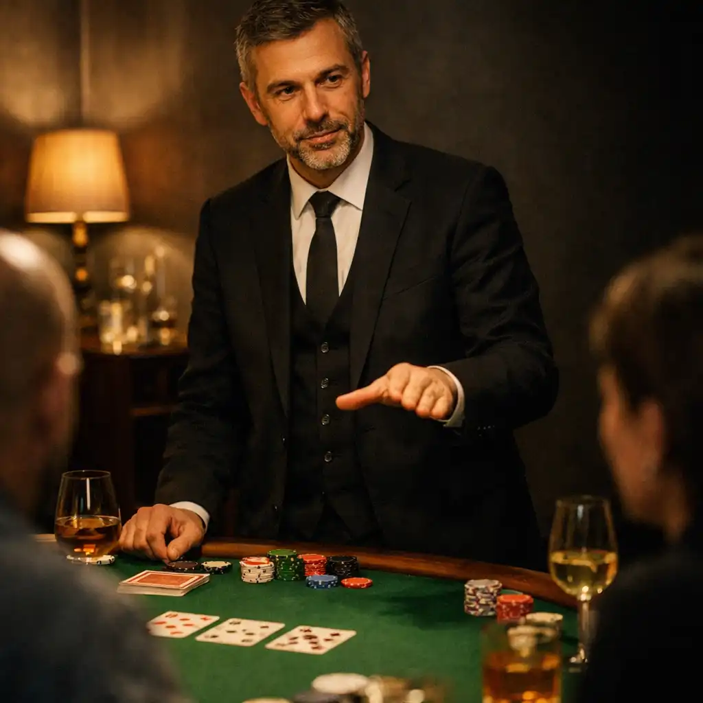 Hôte expliquant une animation de cartes à des convives dans le card lounge