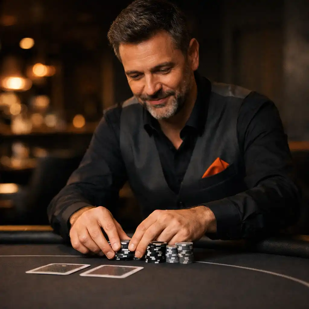 Hôte préparant des jetons et des cartes sur une table de card lounge.