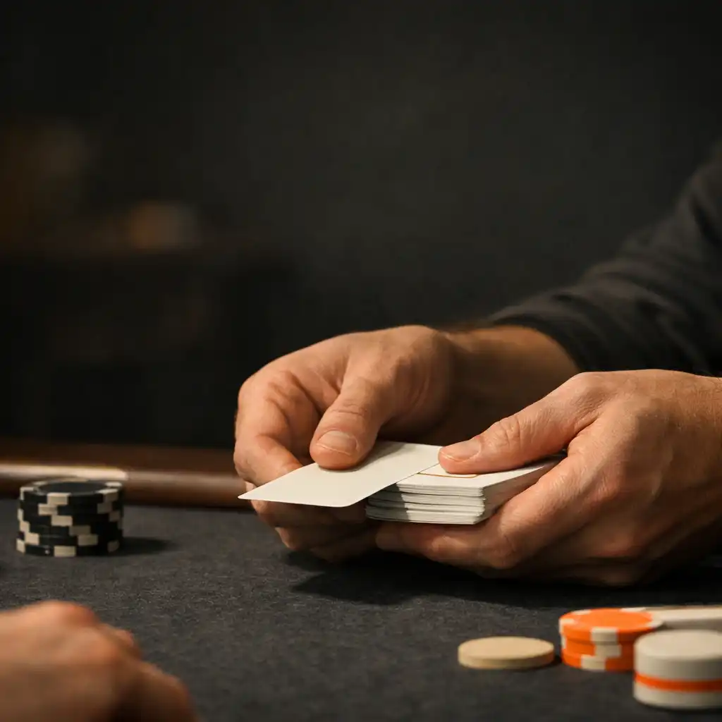 Mains distribuant des cartes physiques sur un feutre anthracite