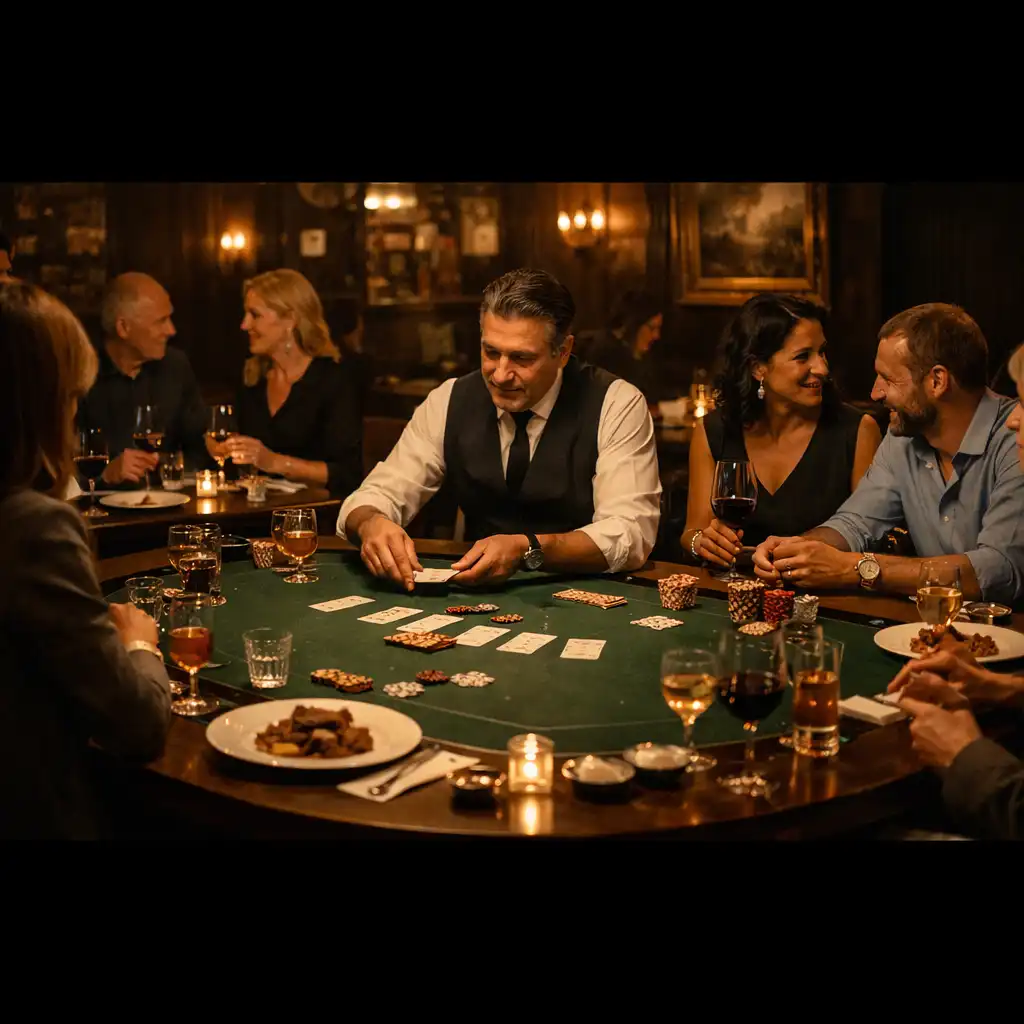 Convives, hôte et service autour d'une table de cartes dans un restaurant français.