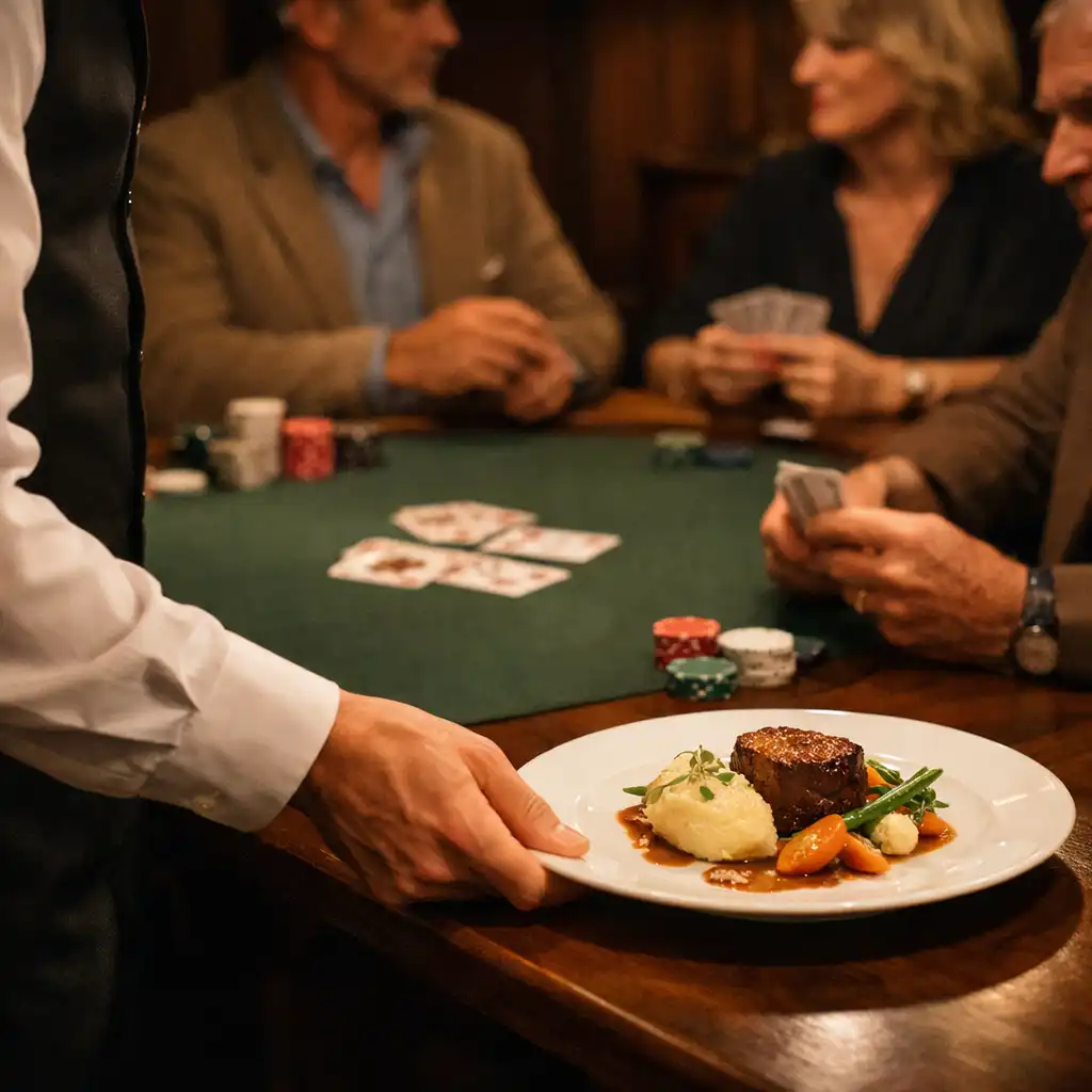 Service d’une assiette près d’une table de cartes dans le card lounge