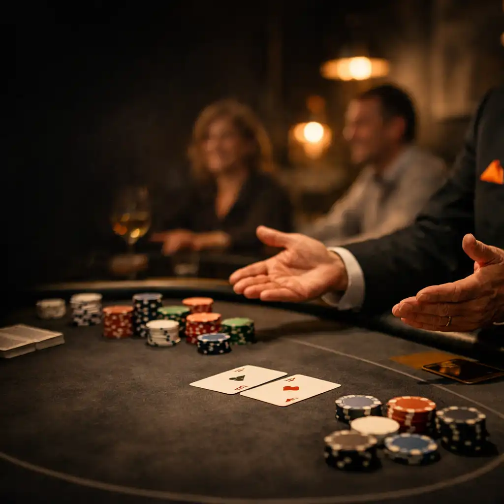Accueil de convives autour d’une table de poker physique dans le card lounge