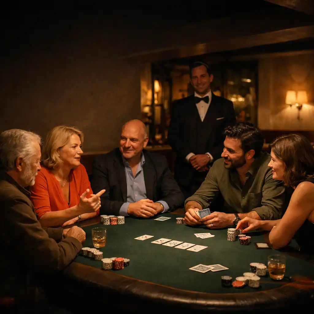 Convives autour d’une table de poker dans le card lounge de Caro Ovelle