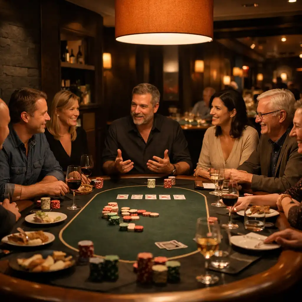 Convives autour d’une table de poker avec repas pendant qu’un hôte anime la soirée