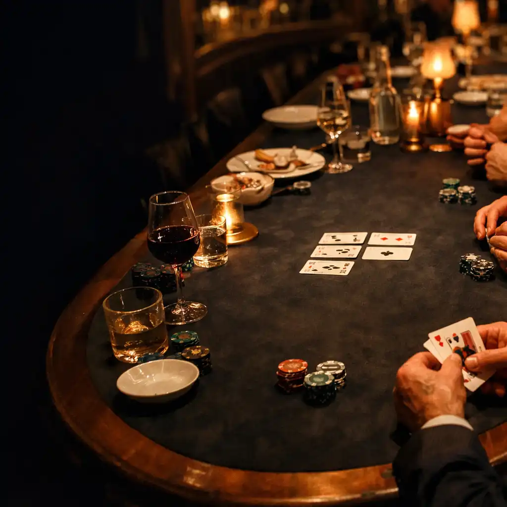 Table de poker en présentiel avec cartes, verres et assiettes lors d’un dîner